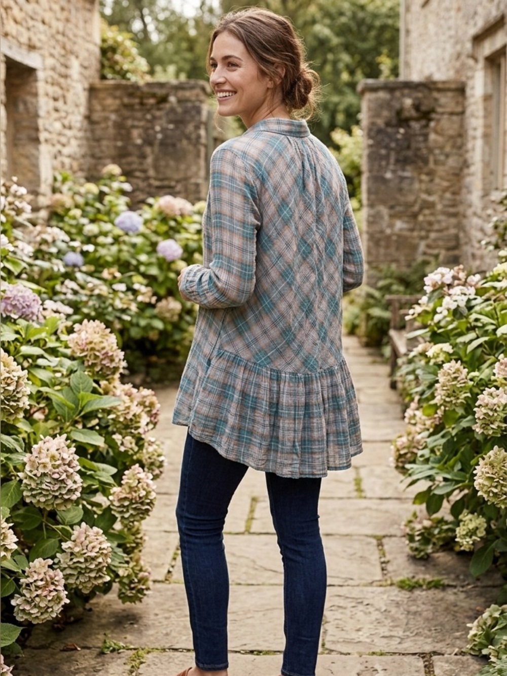 Ibd | Plaid Button Down Tunic Shirt with Ruffle Back | Sz M